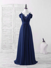 Prom Dresses For Teen, Blue Lace Chiffon Long Prom Dress Blue Bridesmaid Dress