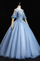 Party Dresses For Summer, Blue Lace Long A-Line Ball Gown, Blue Formal Party Dress
