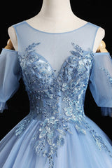 Party Dresses For Teenage Girls, Blue Lace Long A-Line Ball Gown, Blue Formal Party Dress