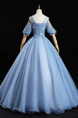 Party Dresses For Teenage Girl, Blue Lace Long A-Line Ball Gown, Blue Formal Party Dress