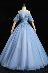 Party Dress For Summer, Blue Lace Long A-Line Ball Gown, Blue Formal Party Dress