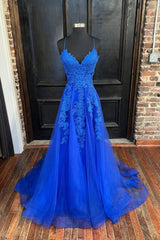 Prom Dress Long Ball Gown, Blue Lace Long A-Line Prom Dress, Elegant V-Neck Formal Evening Dress