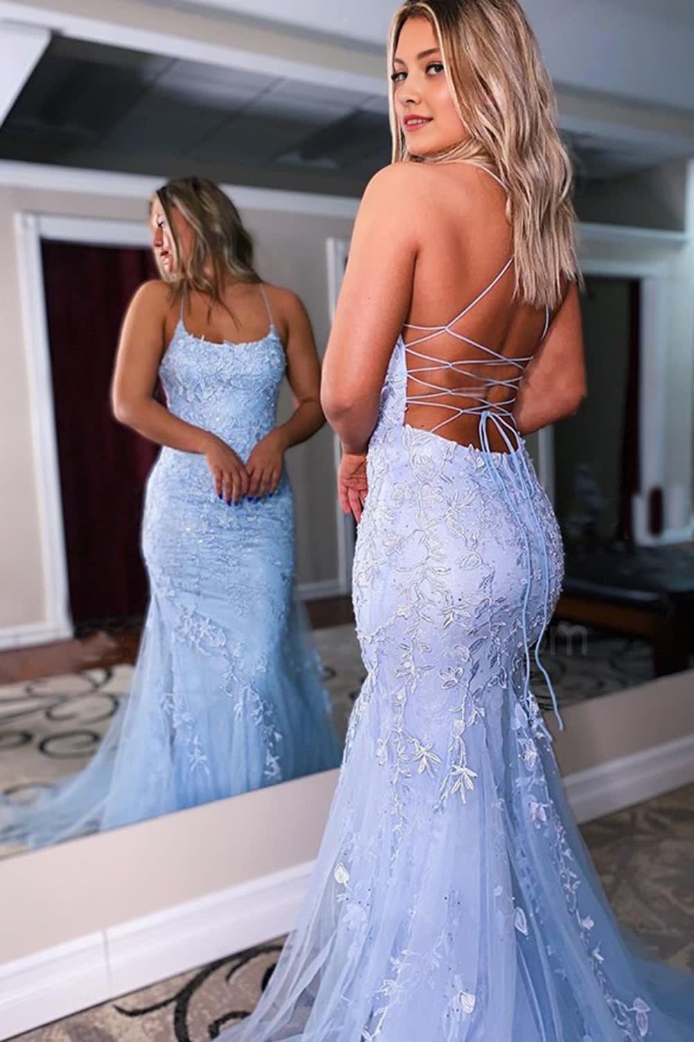 Blue Lace Mermaid Backless Prom Formal Dress