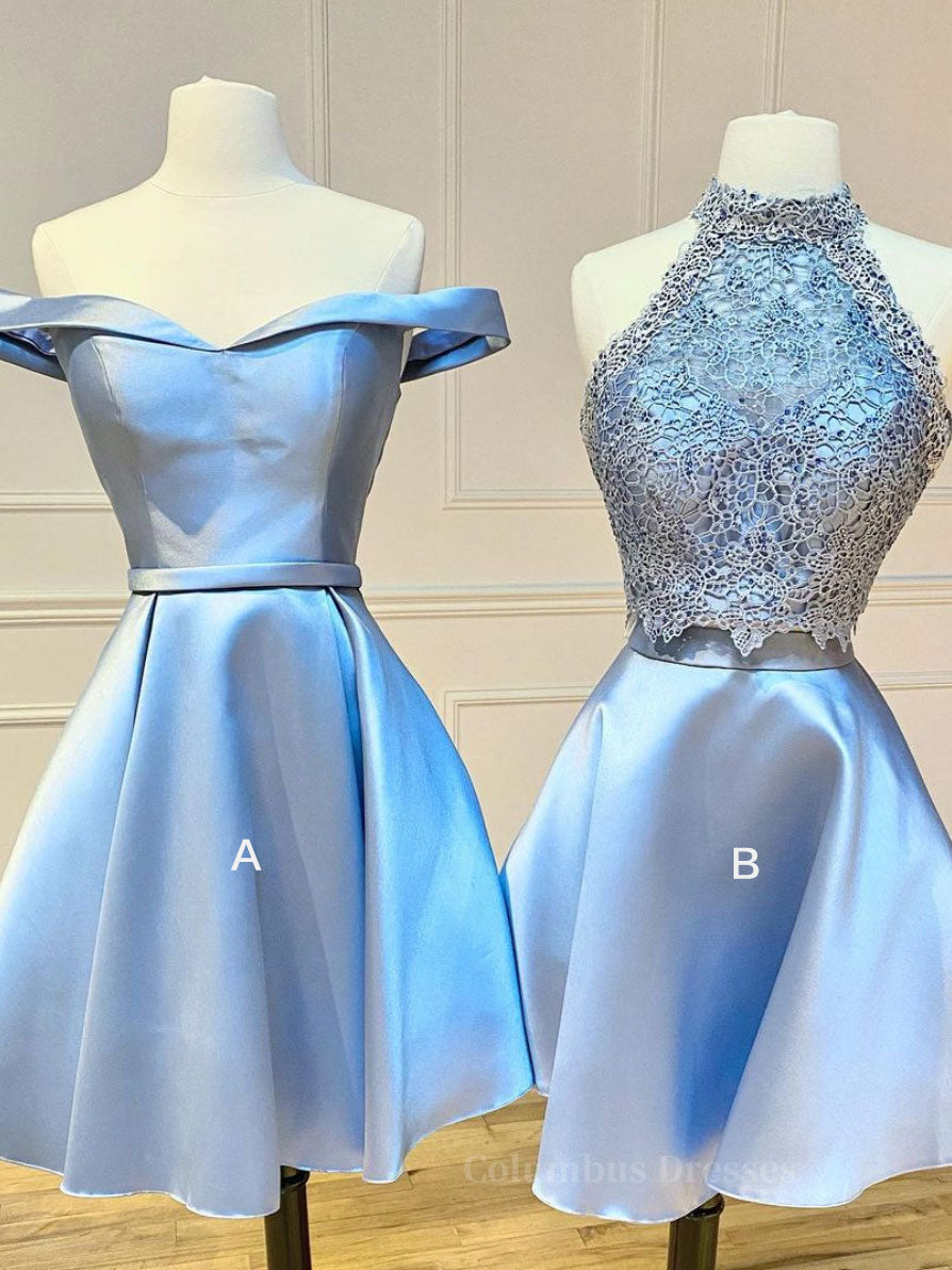 Boho Wedding Dress, Blue lace satin short prom dress, blue homecoming dress