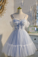 Formal Dresses Long Blue, Blue Lace Short A-Line Prom Dress, Blue Spaghetti Straps Homecoming Party Dress