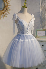 Formal Dresses Outfits, Blue Lace Short A-Line Prom Dress, Cute V-Neck Homecoming Party Dress