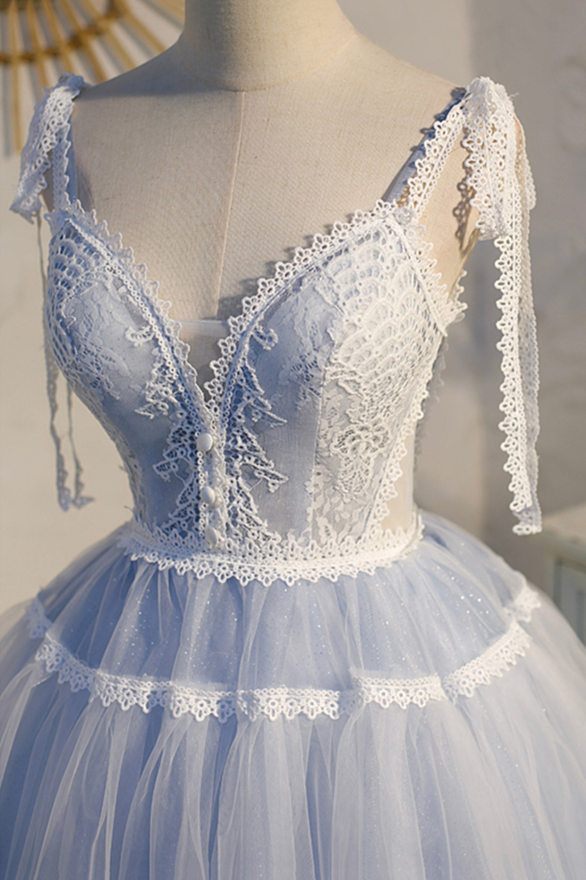 Formal Dress Outfit, Blue Lace Short A-Line Prom Dress, Cute V-Neck Homecoming Party Dress