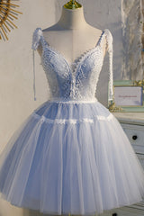 Formal Dresses Outfit, Blue Lace Short A-Line Prom Dress, Cute V-Neck Homecoming Party Dress