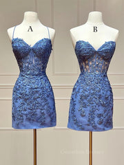 Prom Dresses Vintage, Blue Lace Short Prom Dress, Blue Homecoming Dress