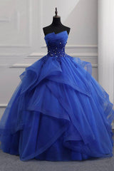 Party Dress Short Clubwear, Blue Lace Strapless Ball Gown Formal Dress, Blue Long Sweet 16 Dress
