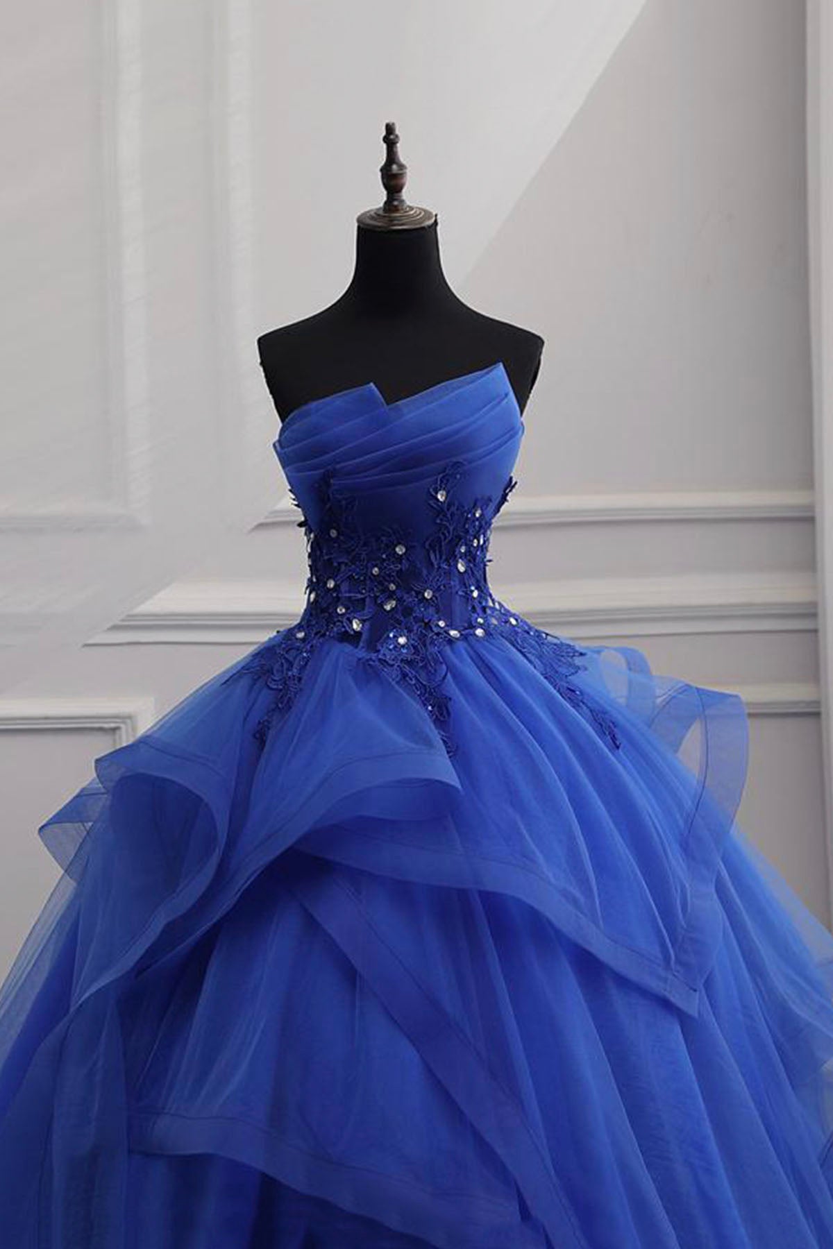Party Dress Miami, Blue Lace Strapless Ball Gown Formal Dress, Blue Long Sweet 16 Dress