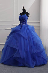 Party Dresses Miami, Blue Lace Strapless Ball Gown Formal Dress, Blue Long Sweet 16 Dress