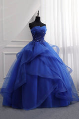 Party Dresses Short Clubwear, Blue Lace Strapless Ball Gown Formal Dress, Blue Long Sweet 16 Dress