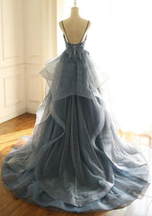 Party Dress Inspiration, Blue Lace Top with Layers Tulle Prom Dress, New Straps Evening Gown