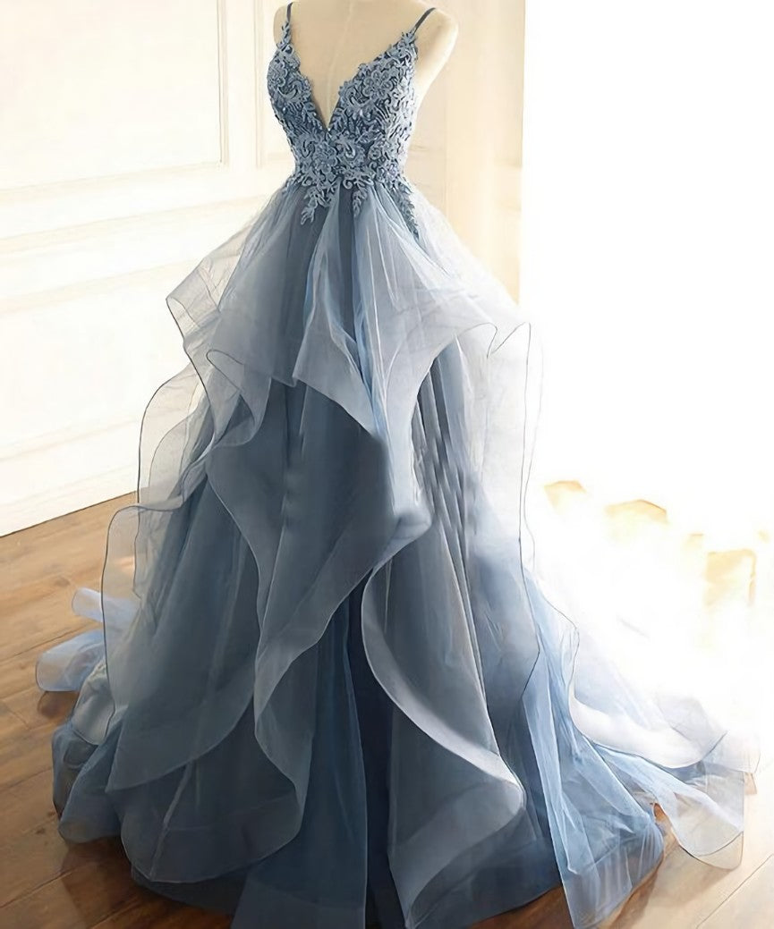 Party Dress Trends, Blue Lace Top with Layers Tulle Prom Dress, New Straps Evening Gown