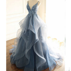 Party Dresses Ladies, Blue Lace Top with Layers Tulle Prom Dress, New Straps Evening Gown