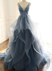 Party Dress Styles, Blue Lace Top with Layers Tulle Prom Dress, New Straps Evening Gown
