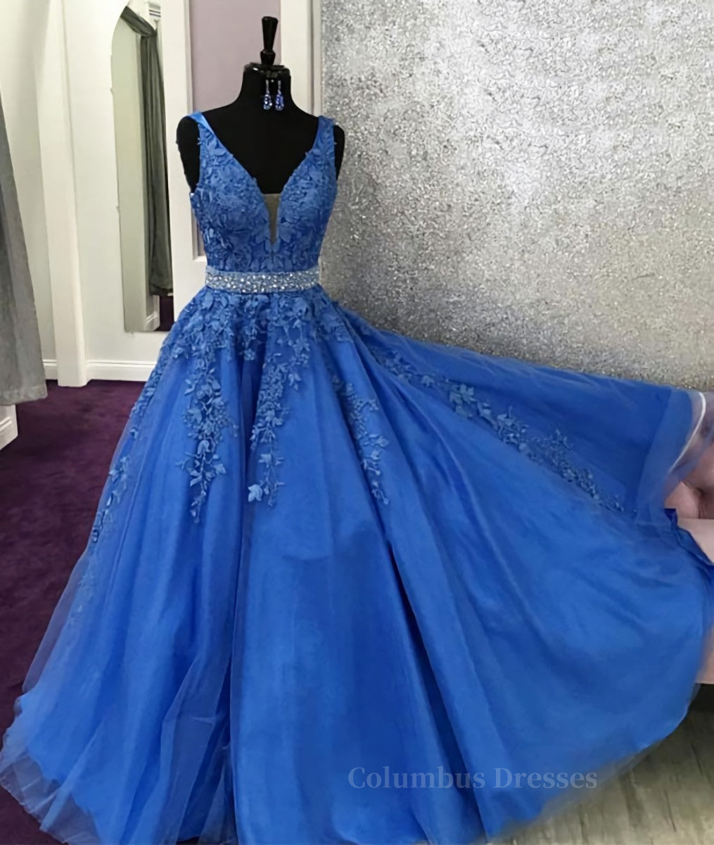 Prom Dress Aesthetic, Blue lace tulle long prom dress, blue tulle lace evening dress