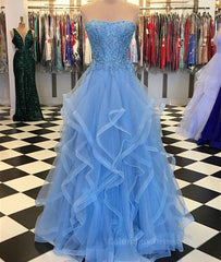 Homecomming Dresses Fitted, Blue Lace Tulle Long Prom Dresses, Blue Lace Ball Gown, Blue Lace Formal Dresses, Evening Dresses