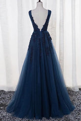 Prom Dress Inspo, Blue Long A-line Bridesmaid Dress, Dark Blue Tulle Party Dress