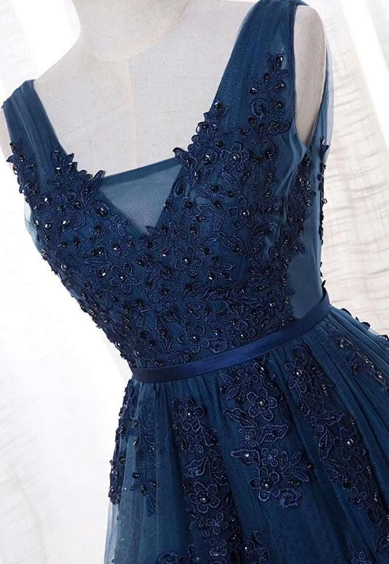 Classy Dress Outfit, Blue Long A-line Bridesmaid Dress, Dark Blue Tulle Party Dress