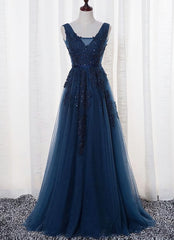 Party Dress For Couple, Blue Long A-line Bridesmaid Dress, Dark Blue Tulle Party Dress