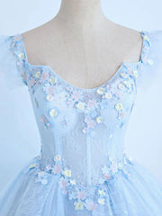 Bridesmaids Dresses Sale, Blue Long Lace Floral Prom Dresses, Long Blue Lace Formal Evening Dresses with Flowers