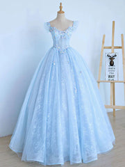 Bridesmaids Dresses Satin, Blue Long Lace Floral Prom Dresses, Long Blue Lace Formal Evening Dresses with Flowers