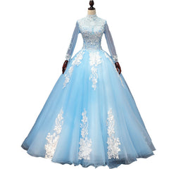 Bridesmaid Dress Fall, Blue Long Sleeves lace Tulle Sweet 16 Dress, Light Blue Ball Gown Formal Dress, Party Dress