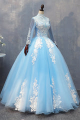 Bridesmaids Dress Fall, Blue Long Sleeves lace Tulle Sweet 16 Dress, Light Blue Ball Gown Formal Dress, Party Dress