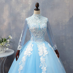Bridesmaid Dresses Chiffon, Blue Long Sleeves lace Tulle Sweet 16 Dress, Light Blue Ball Gown Formal Dress, Party Dress