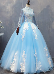 Bridesmaide Dresses Fall, Blue Long Sleeves lace Tulle Sweet 16 Dress, Light Blue Ball Gown Formal Dress, Party Dress