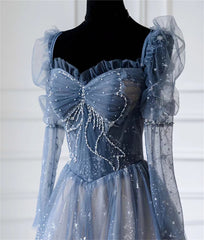Prom Dresses 2013, Blue Long Sleeves Sweetheart Beaded Tulle Formal Dress, Blue A-line Prom Dress