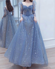 Prom Dress Corset, Blue Long Sleeves Sweetheart Beaded Tulle Formal Dress, Blue A-line Prom Dress