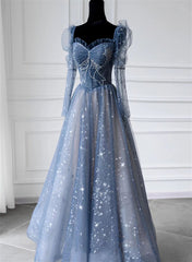 Prom Dresses For Warm Weather, Blue Long Sleeves Sweetheart Beaded Tulle Formal Dress, Blue A-line Prom Dress