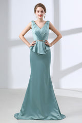 Prom Inspo, Blue Mermaid Satin V-neck Backless Prom Dresses With Sash