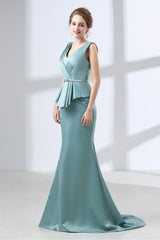 Debutant Dress, Blue Mermaid Satin V-neck Backless Prom Dresses With Sash