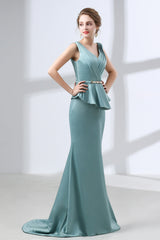 On Piece Dress, Blue Mermaid Satin V-neck Backless Prom Dresses With Sash