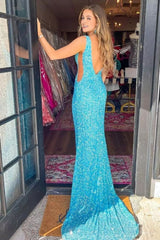Blue Mermaid Sequin Prom Dress with V-Neck