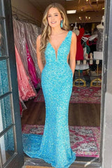 Blue Mermaid Sequin Prom Dress with V-Neck