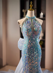 Prom Dress Type, Blue Mermaid Sequins Halter Long Party Dress with Bow, Blue Sequins Prom Dress