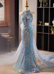 Prom Dress Types, Blue Mermaid Sequins Halter Long Party Dress with Bow, Blue Sequins Prom Dress