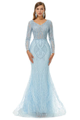 Evening Dress Online, Neckline Long Sleeve Mermaid Lace Pattern Tulle Beading Prom Dresses