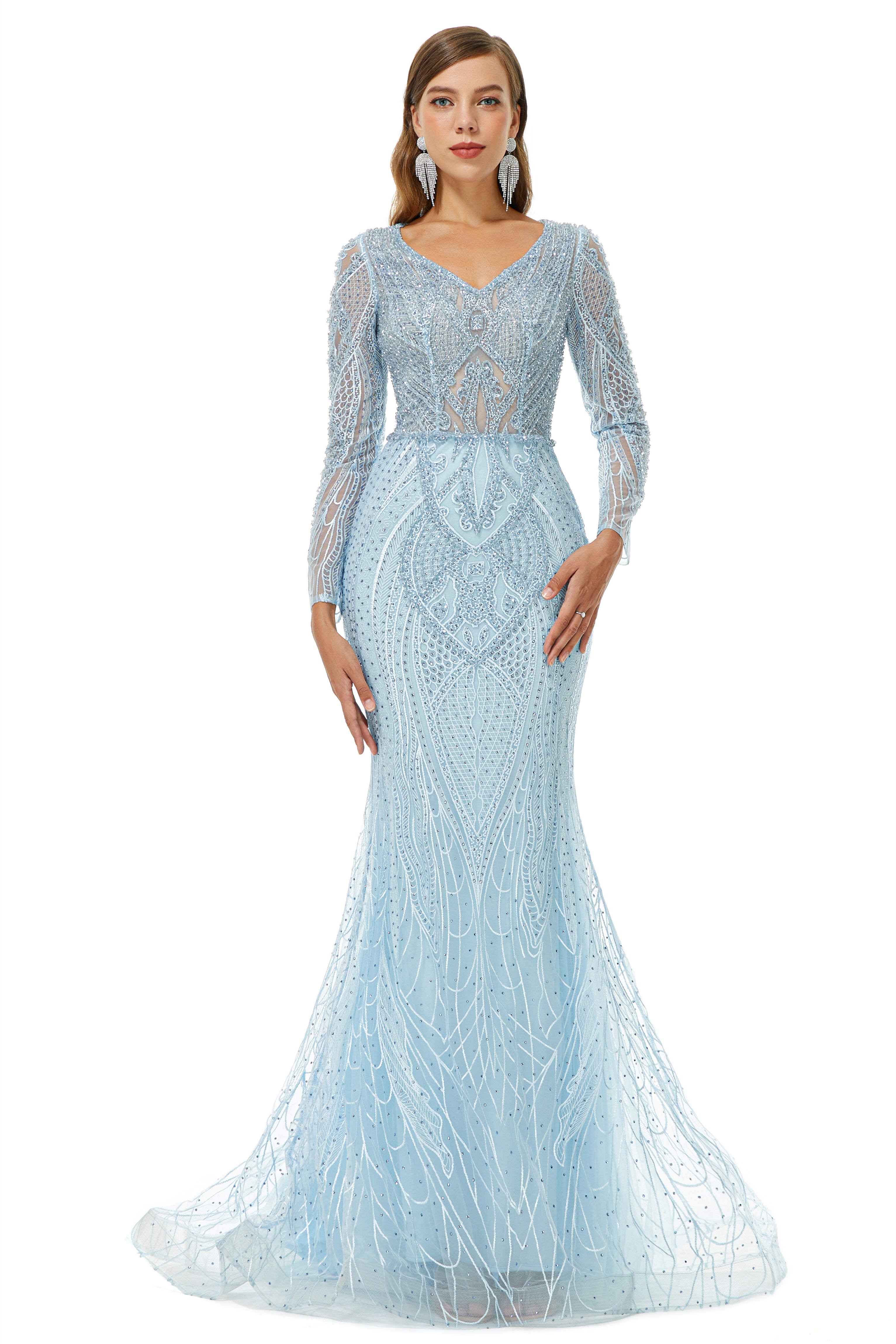 Evening Dress Cheap, Neckline Long Sleeve Mermaid Lace Pattern Tulle Beading Prom Dresses