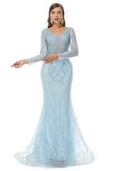 Evening Dresses Formal, Neckline Long Sleeve Mermaid Lace Pattern Tulle Beading Prom Dresses