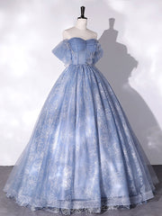 Floral Bridesmaid Dress, Blue Off Shoulder Ball Gown Floral Tulle Party Dress, Blue Sweet 16 Dress