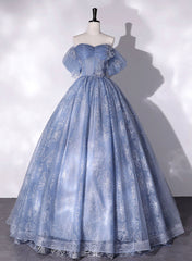 Fashion Dress, Blue Off Shoulder Ball Gown Floral Tulle Party Dress, Blue Sweet 16 Dress