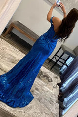 Blue Off Shoulder Mermaid Prom Dress with Slit