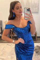 Blue Off Shoulder Mermaid Prom Dress with Slit