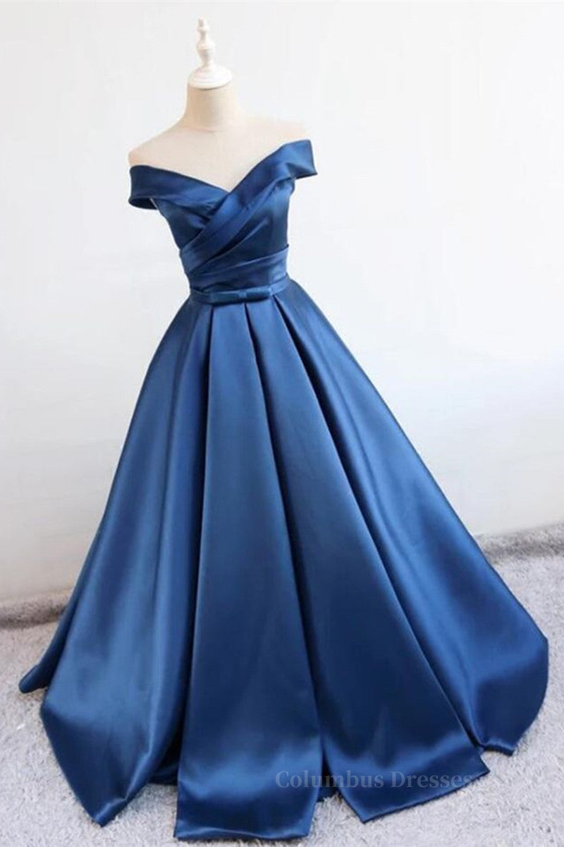 Prom Dresses With Sleeve, Blue Off Shoulder Satin Long Prom Dresses, Off Shoulder Blue Formal Dresses, Ball Gown, Evening Dresses